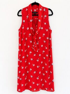 Banana Republic Red Floral Tie Neck Shift Dress Size 6 Sleeveless Lined Dress